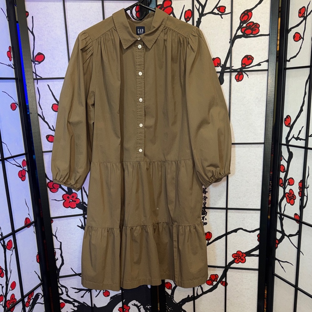 GAP Brown/Khaki Long Sleeve Tiered Shirt Dress- Large Tall